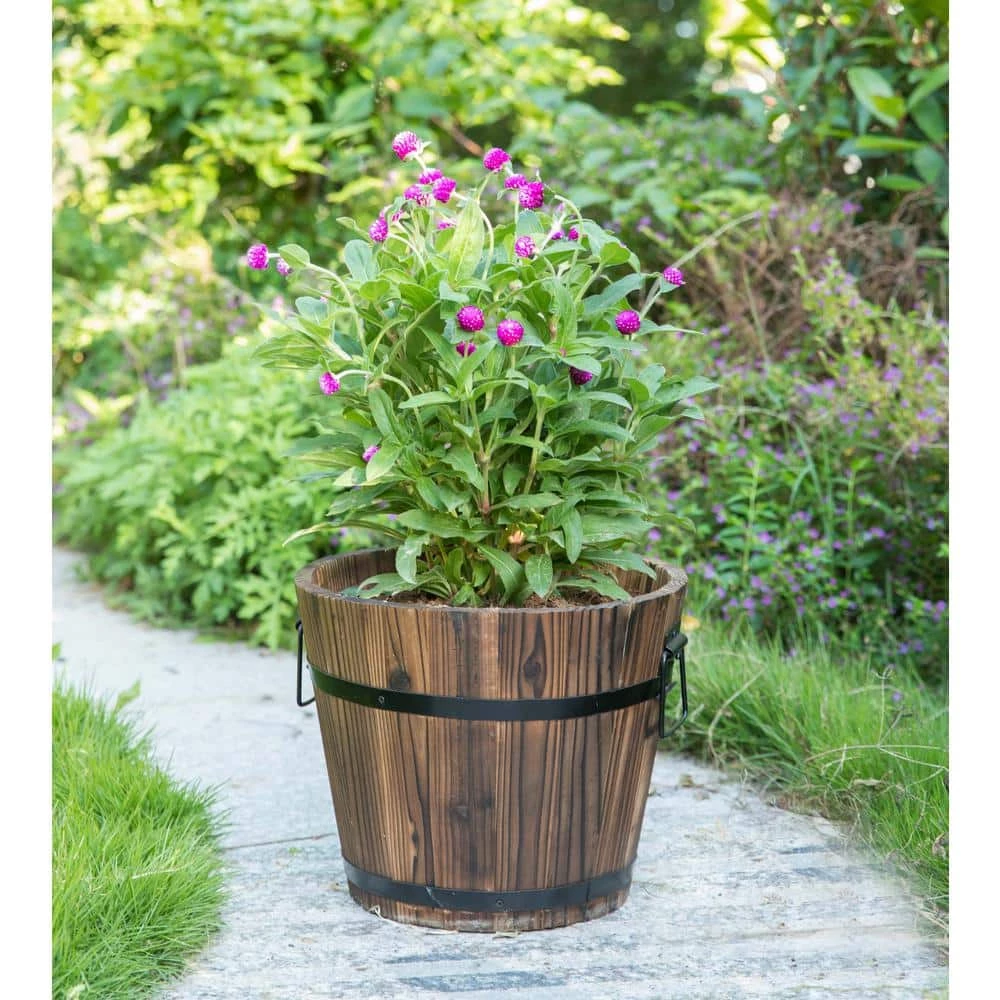 Gardenised Small Wooden Whiskey Barrel Planter, 12 in. Dia 10 in. High - Image 4