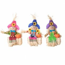 Gardenised Outdoor Fall Decor Halloween Scarecrow for Garden Ornament Sitting on Hay Bale, Straw Multicolor, Set of 3,12 in.