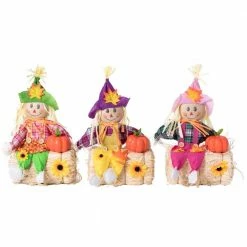 Gardenised Outdoor Fall Decor Halloween Scarecrow for Garden Ornament Sitting on Hay Bale, Straw Multicolor, Set of 3,16 in.