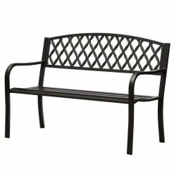 Gardenised Black Outdoor Garden Patio Steel Park Bench Lawn Decor with Cast Iron Back
