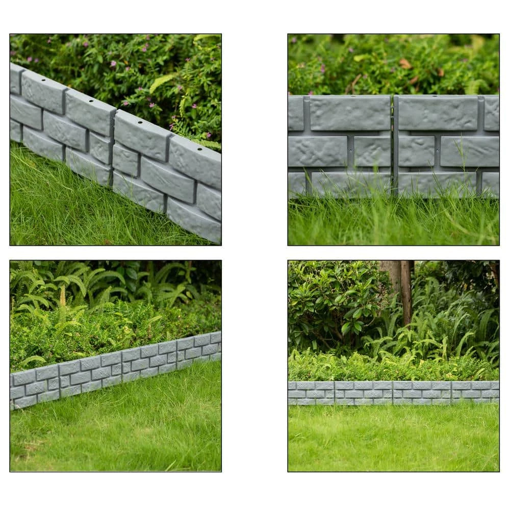 Gardenised 11.5 in. Plastic Grey Imitation Stone Brick Designed Garden Border Edging Picket Fence, Fencing for Gardens (Set of 4) - Image 5
