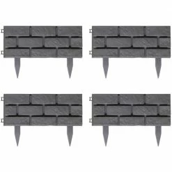 Gardenised 11.5 in. Plastic Grey Imitation Stone Brick Designed Garden Border Edging Picket Fence, Fencing for Gardens (Set of 4)