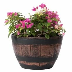 Gardenised Large Brown Plastic Outdoor Rustic Half Barrel Flower Garden Planter Bowl