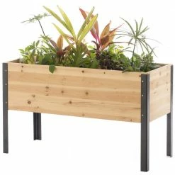 Gardenised Elevated Natural Wood Rectangular Outdoor Raised Planter Bed Box Solid with Steel Legs